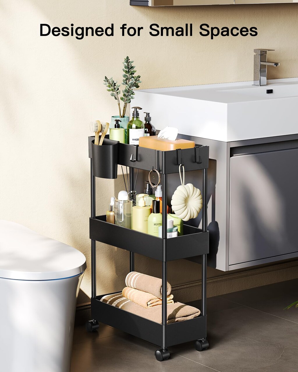 Slim Storage Cart with Wheels, Bathroom Cart Organizer Bathroom Storage Small, Rolling Cart for Bathroom, Laundry Room, Kitchen, Narrow Space, Black PIUC04